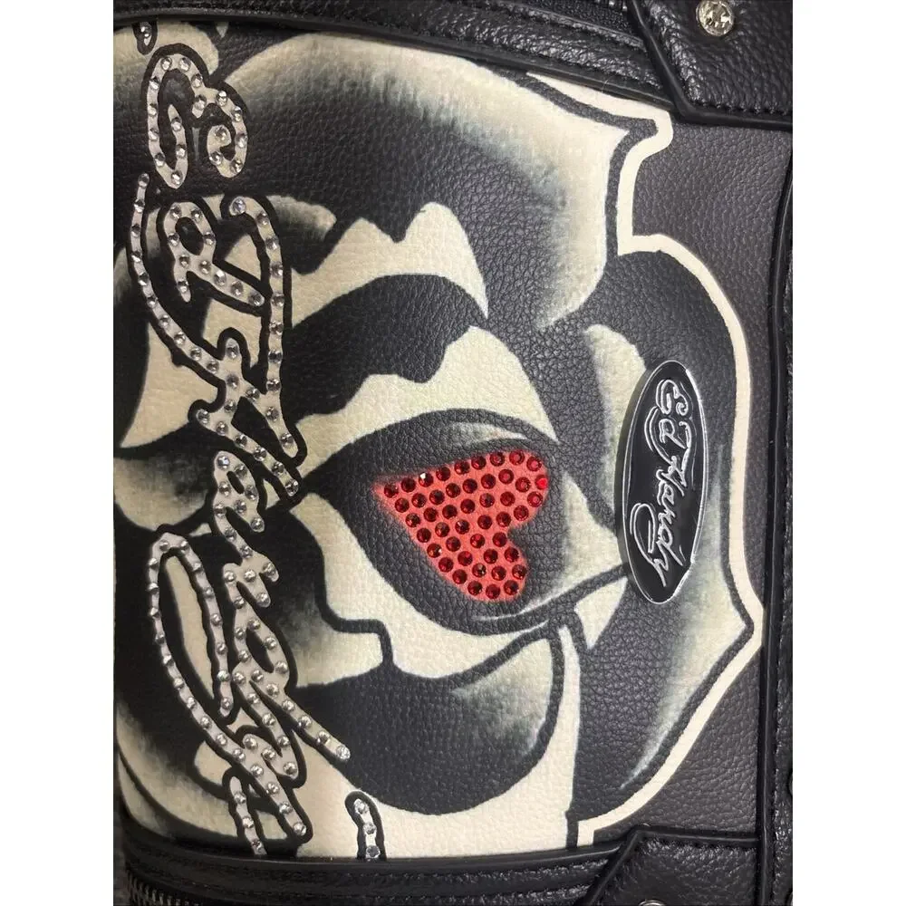 Ed Hardy Women's Black Leather Shoulder Bag W Rhinestones Rare Sample Bag New